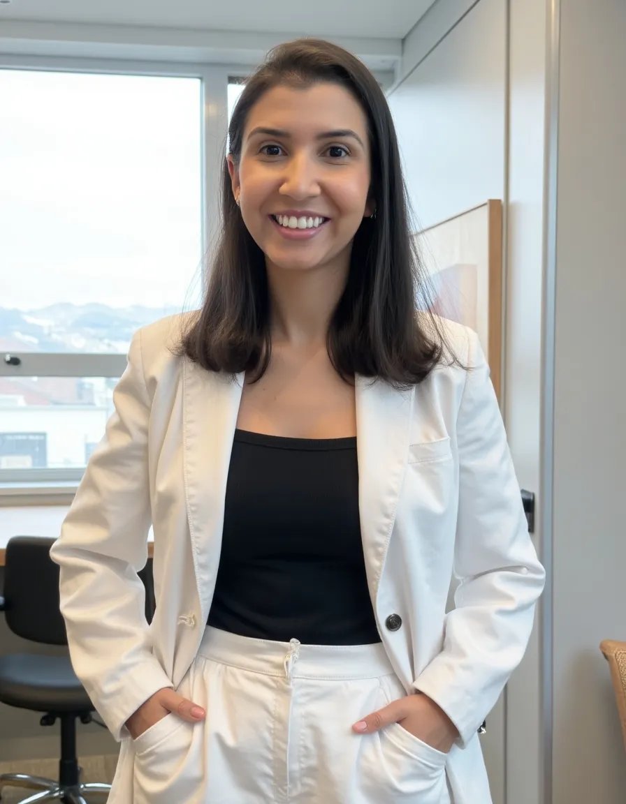 Caroline Szaz sorrindo no escritório